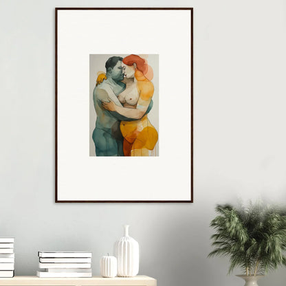 Framed watercolor painting of two figures embracing, perfect for room decoration or canvas print