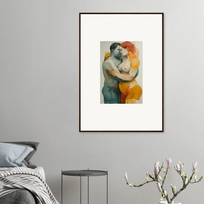 Framed watercolor painting of two figures embracing, perfect for room decoration and echelons linger