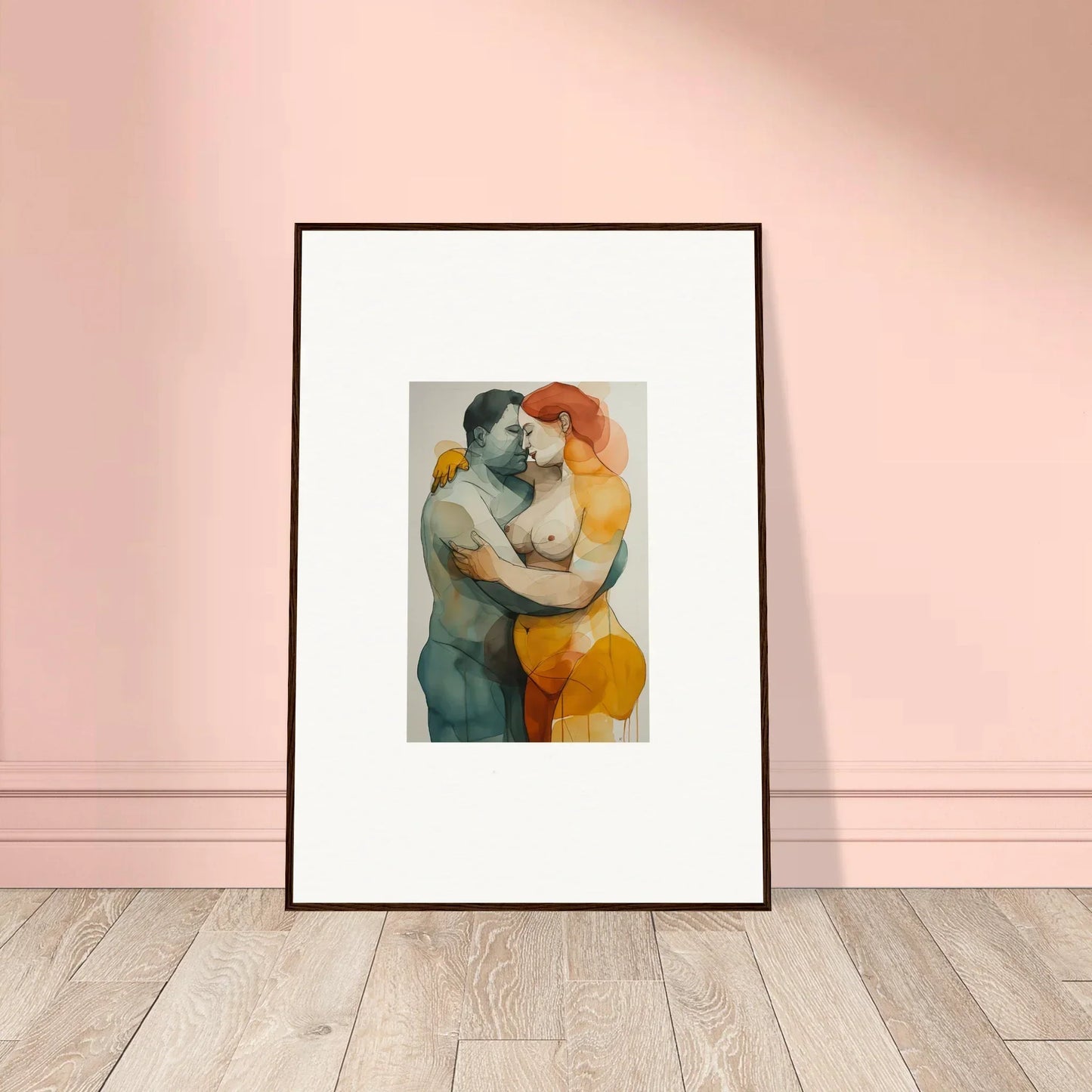 Framed watercolor canvas print of two figures embracing, perfect for room decoration