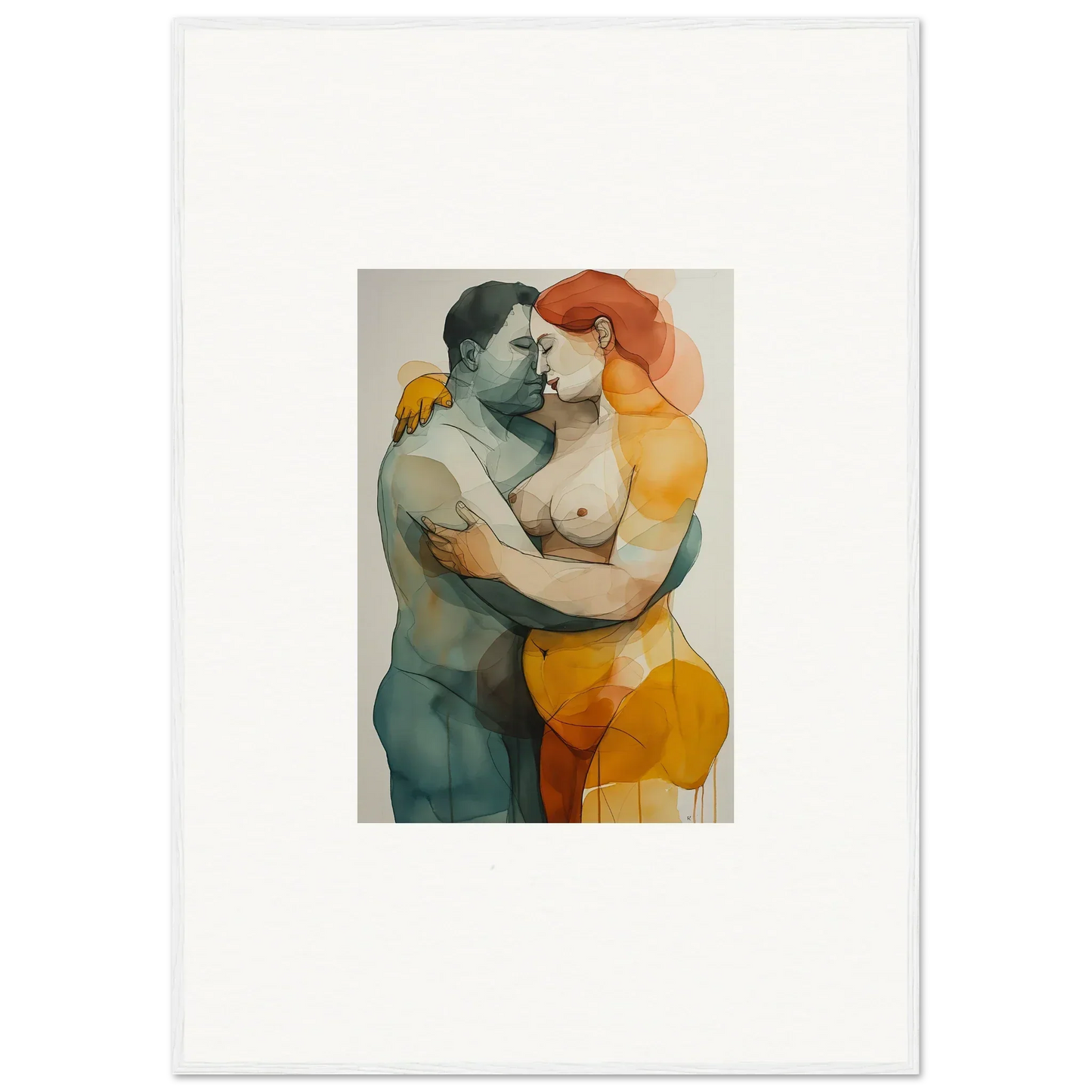 Watercolor canvas print of an embracing couple for stylish room decoration