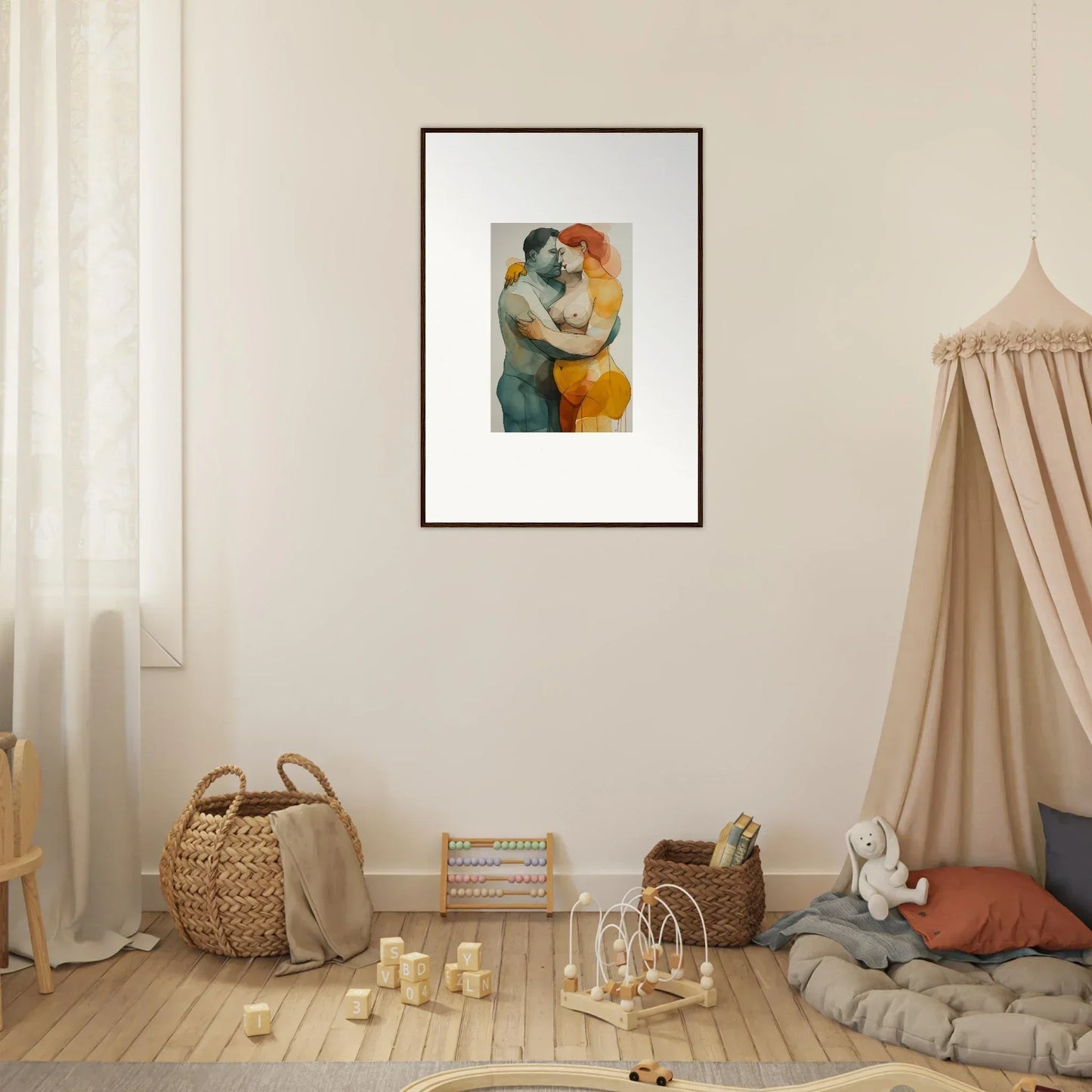 Framed abstract canvas print of embracing figures in warm colors for room decoration