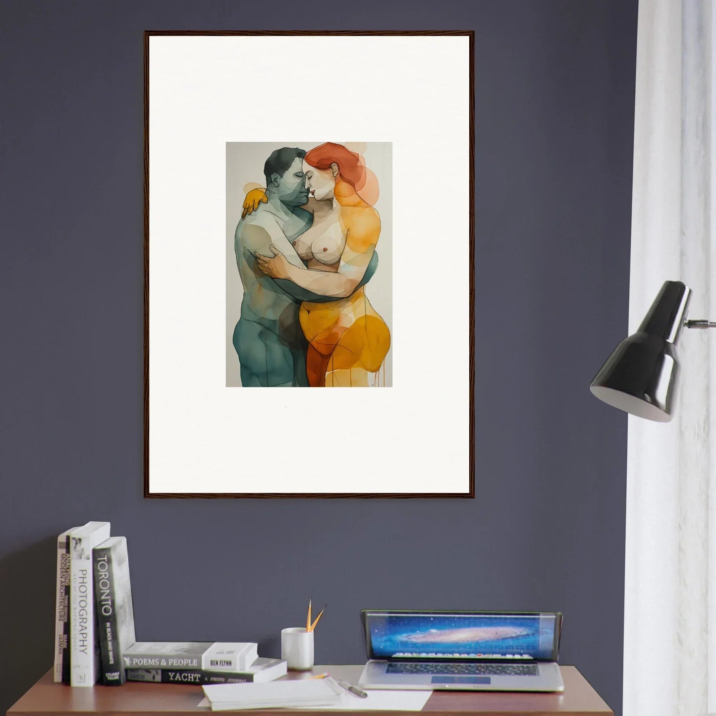 Framed watercolor of two figures in embrace, perfect for room decoration and echelons linger vibe