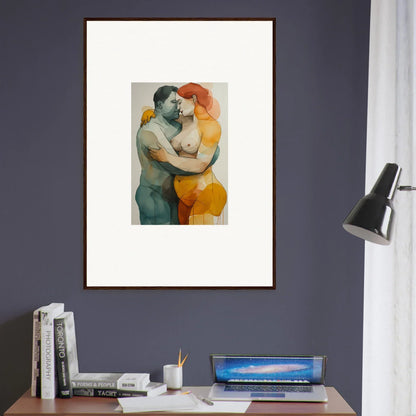 Framed watercolor of two figures in embrace, perfect for room decoration and echelons linger vibe