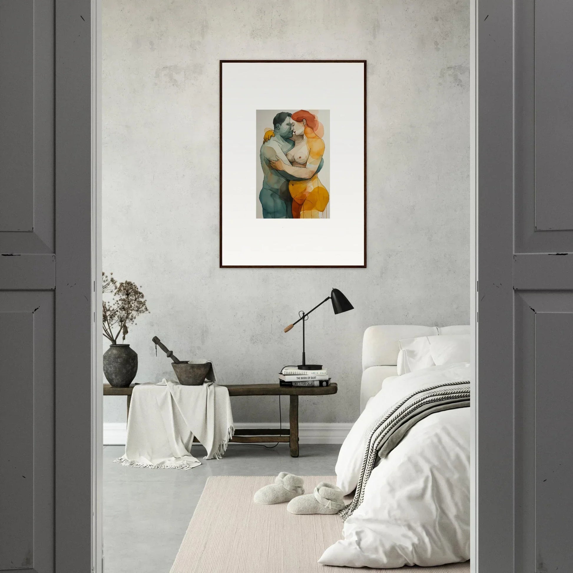 Framed watercolor of embracing couple, perfect for echelons linger room decoration