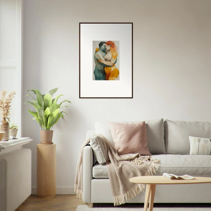 Framed abstract painting of two embracing figures for vibrant room decoration echelons linger