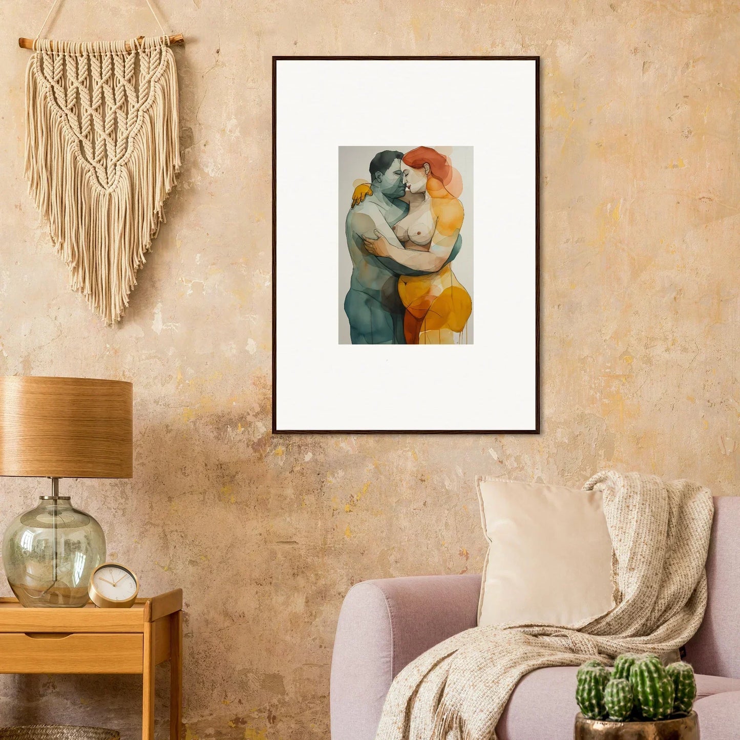 Framed watercolor canvas print of an embracing couple, perfect for room decoration