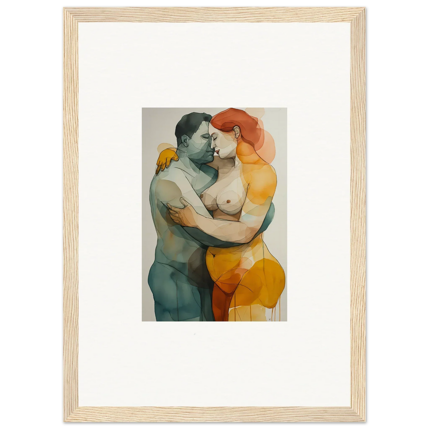 Framed watercolor painting of an embracing couple for cozy room decoration, Echelons Linger