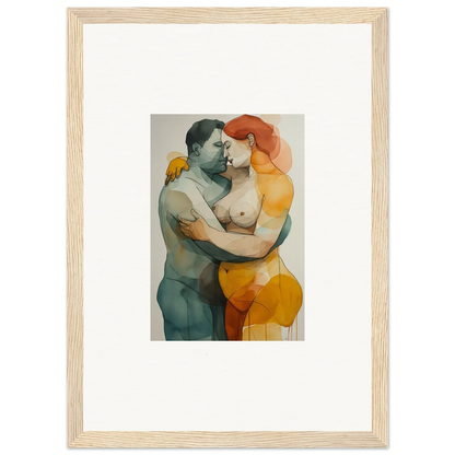 Framed watercolor painting of an embracing couple for cozy room decoration, Echelons Linger