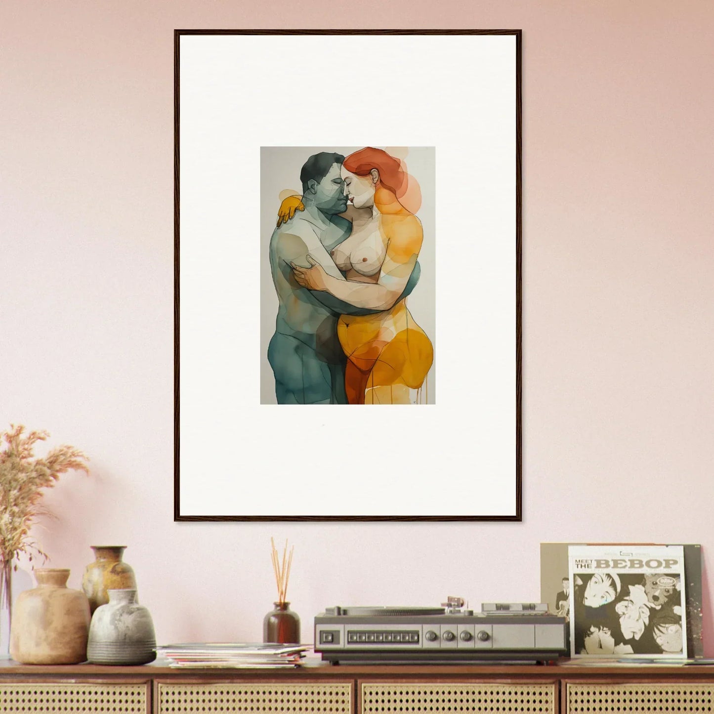 Framed watercolor painting of two figures in embrace for room decoration echelons linger