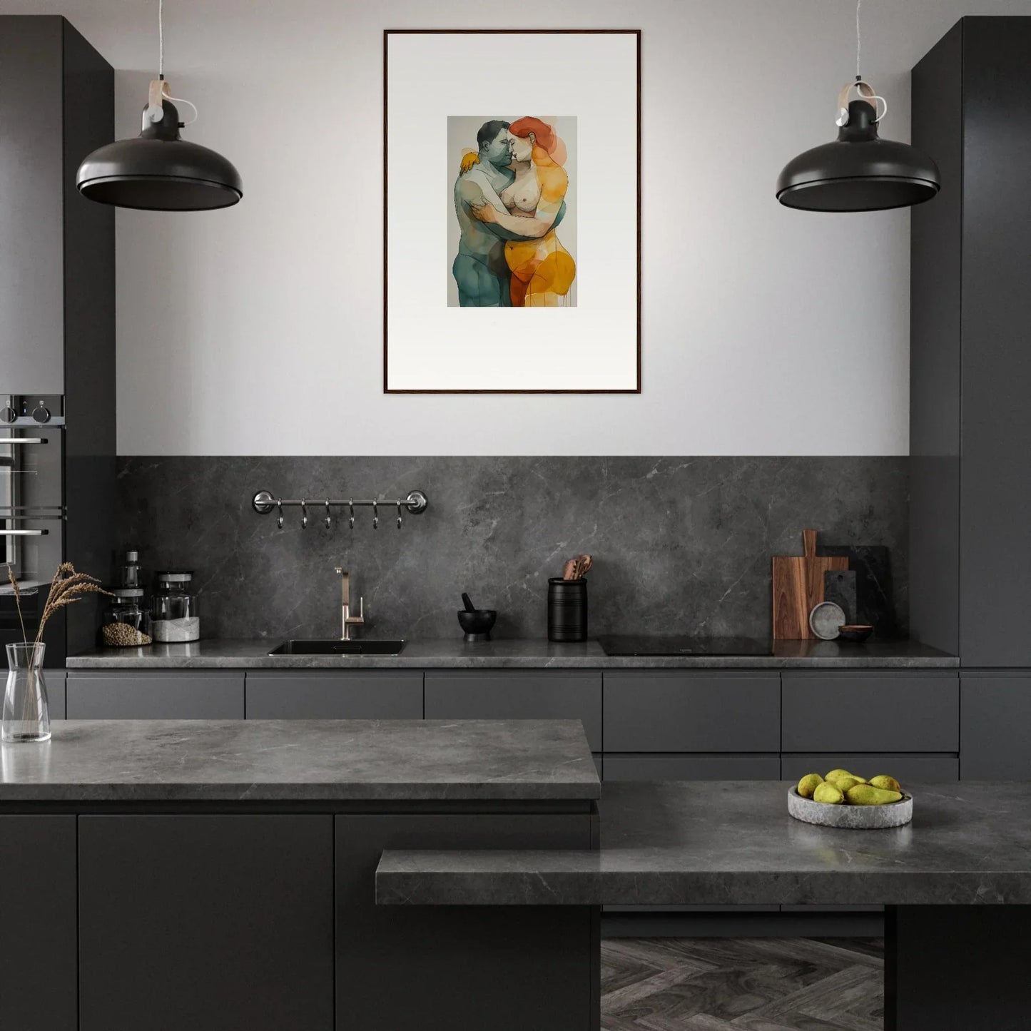 Modern kitchen with dark cabinetry and colorful canvas print, Echelons Linger