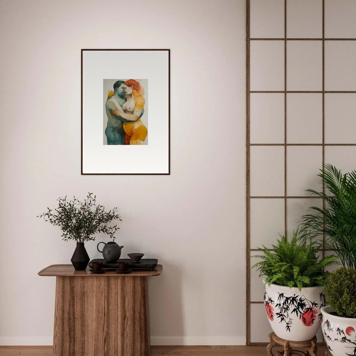 Framed abstract canvas print of embracing figures, perfect for echelons linger room decoration