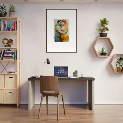 Home office workspace with desk, chair, decorative shelves, and Chromatic Echelons Linger canvas print