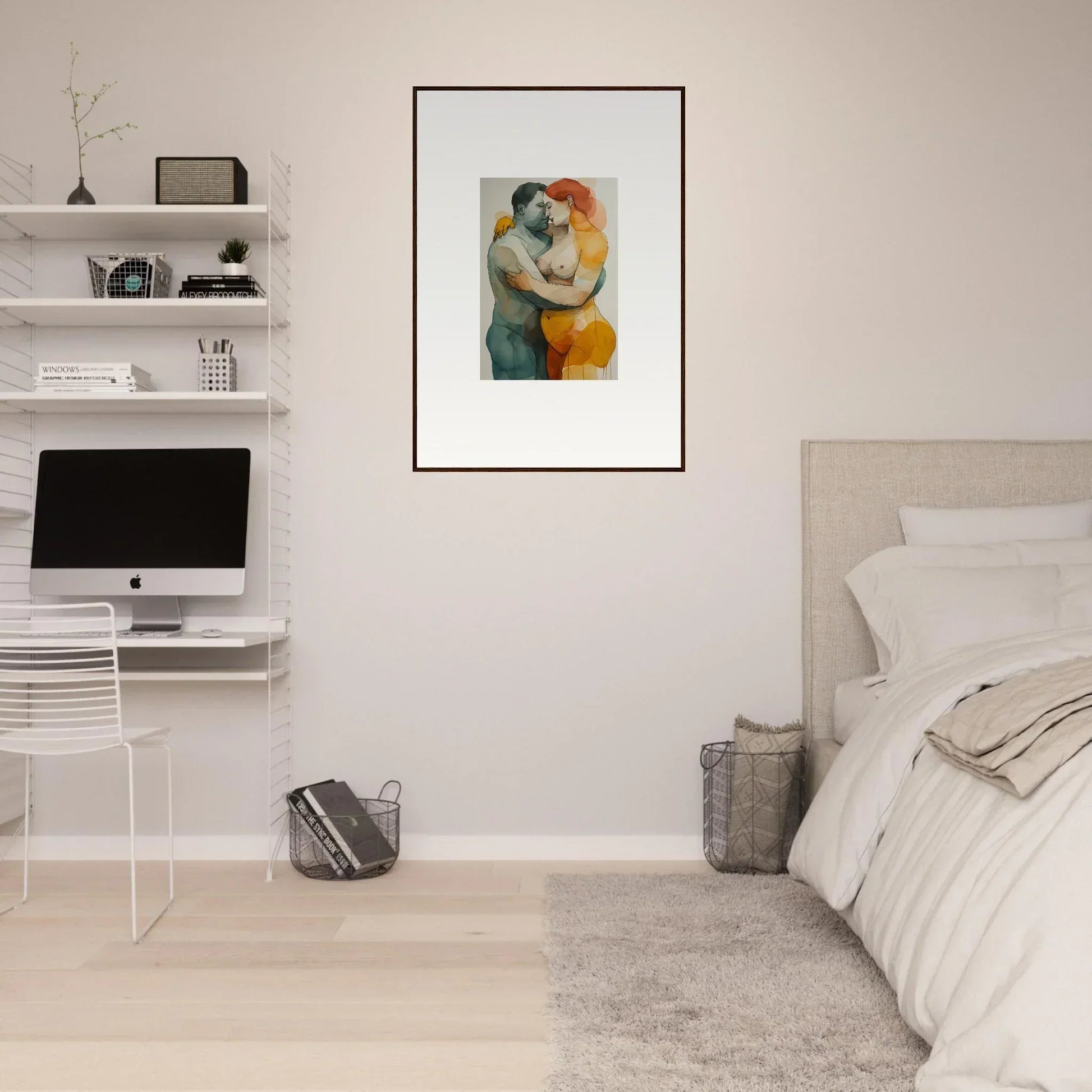 Framed abstract painting of embracing figures, perfect for room decoration as a canvas print