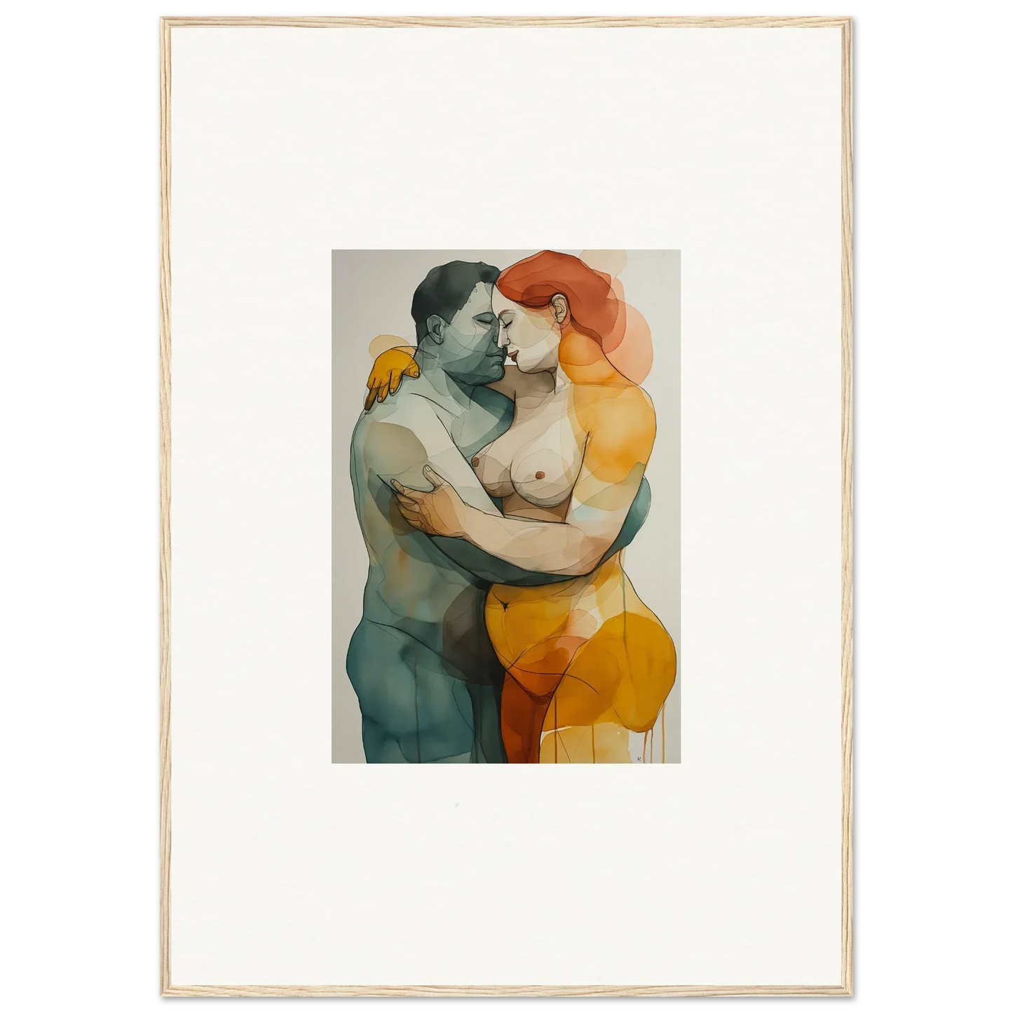 Watercolor canvas print of an embracing couple in muted tones for cozy room decoration