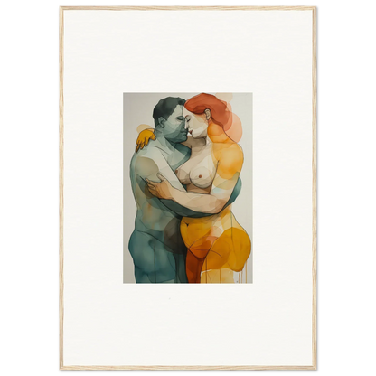 Watercolor canvas print of an embracing couple in muted tones for cozy room decoration