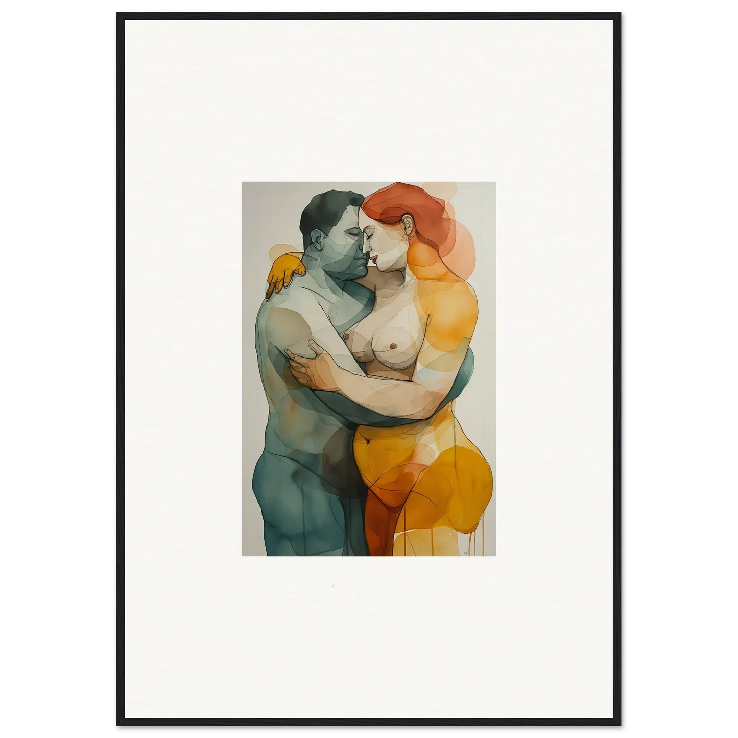 Watercolor painting of a couple in warm tones, perfect for room decoration as a canvas print