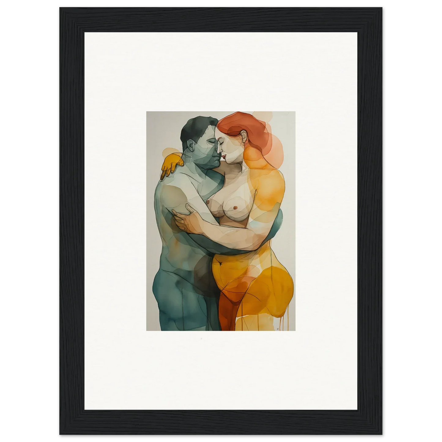 Framed watercolor canvas print of two figures embracing, perfect for room decoration