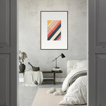 Framed wall art showcasing essence shift with diagonal stripes in warm and cool colors