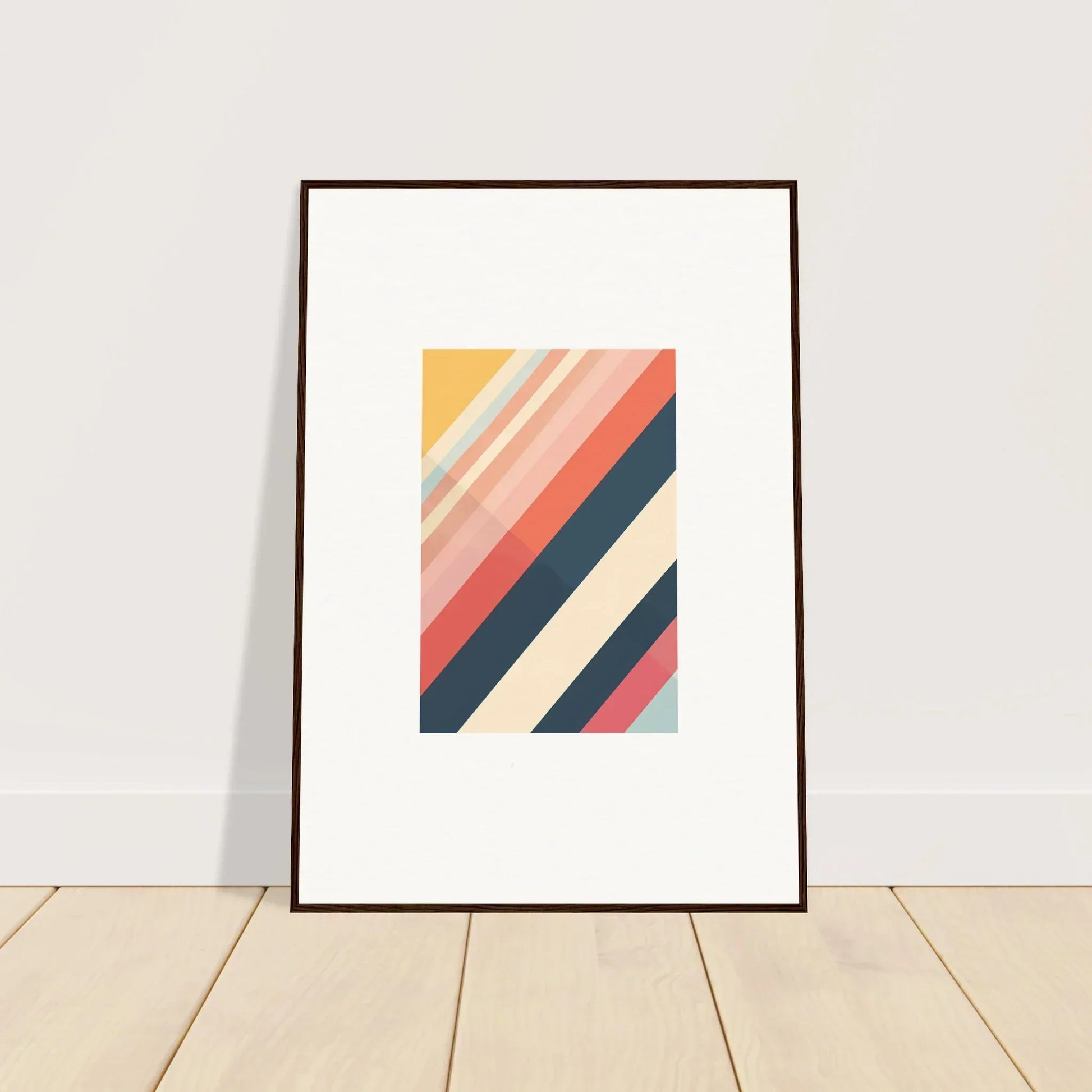 Framed wall art with diagonal stripes in pastel and dark colors for stylish room decor