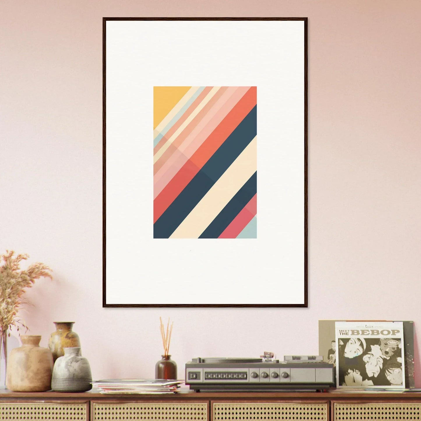 Framed wall art featuring warm and cool diagonal stripes for vibrant room decor essence shift