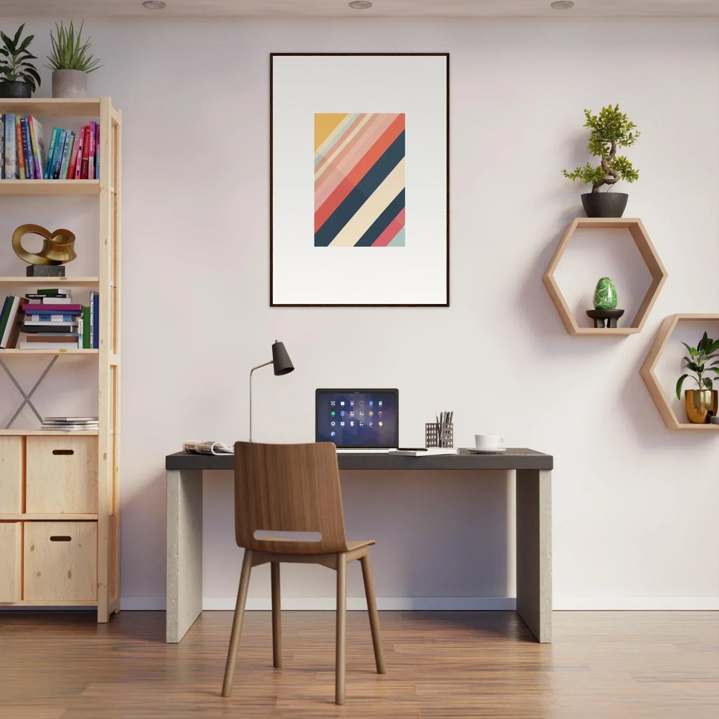 Modern home office with desk, chair, and framed wall art for a perfect Essence Shift