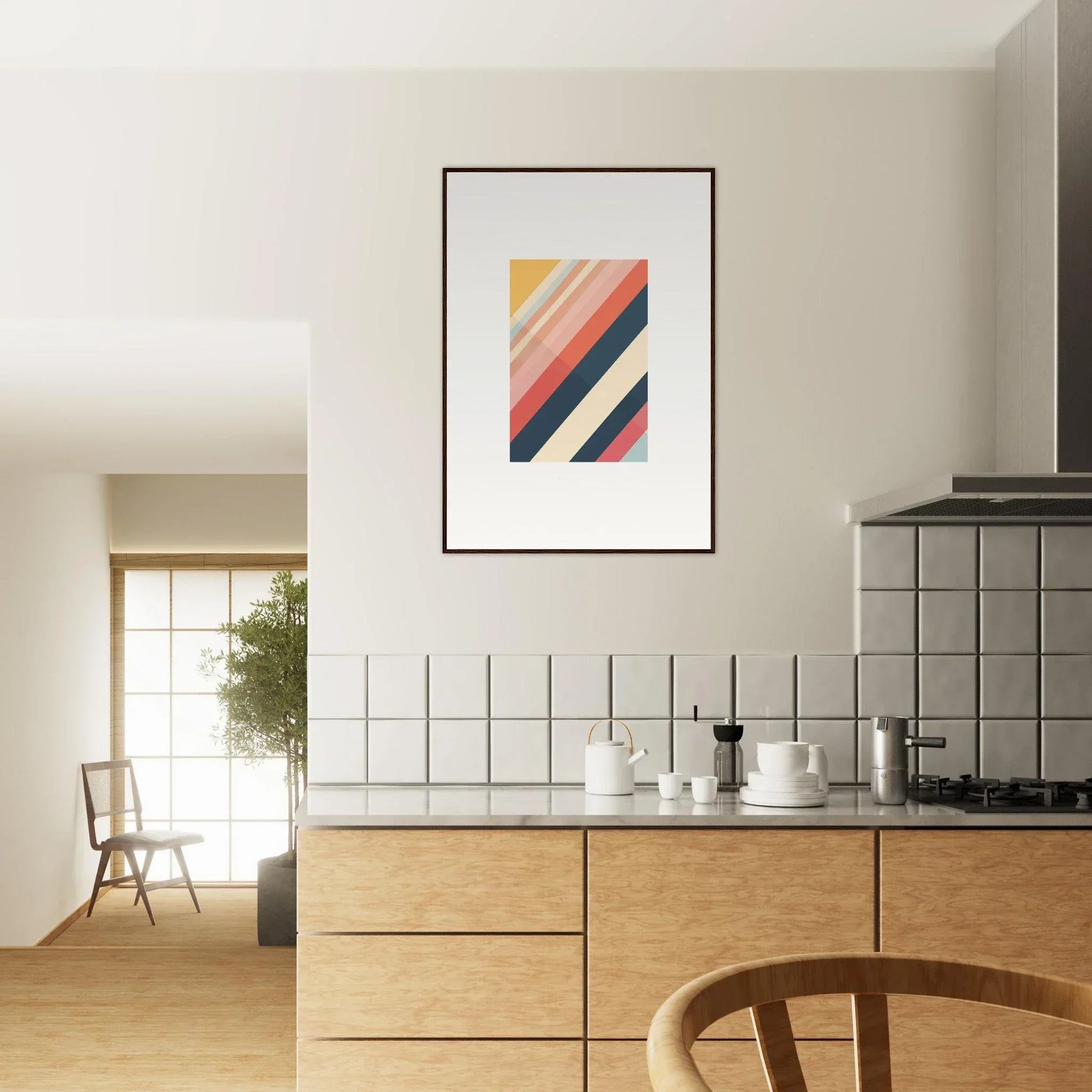 Modern kitchen with wooden cabinets, tiled backsplash, and framed wall art for essence shift