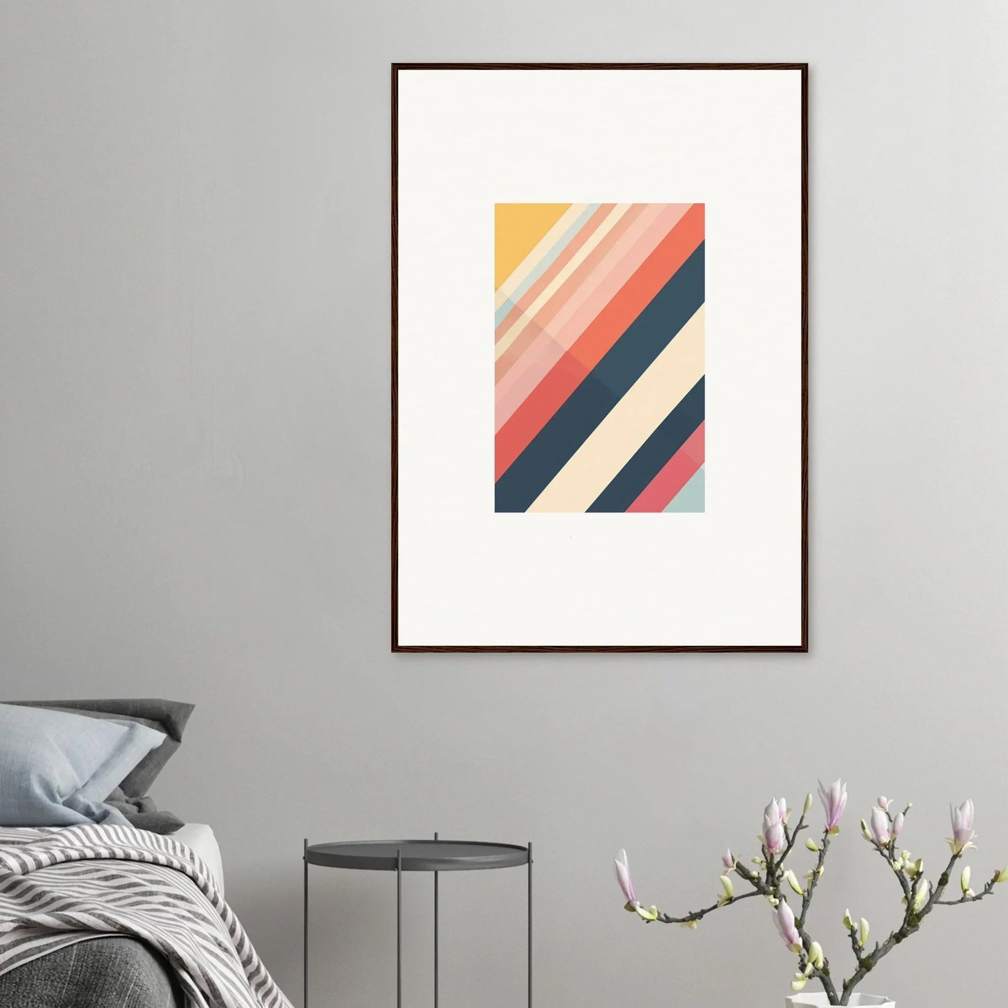 Framed wall art of colorful diagonal stripes representing Essence Shift for vibrant room decor