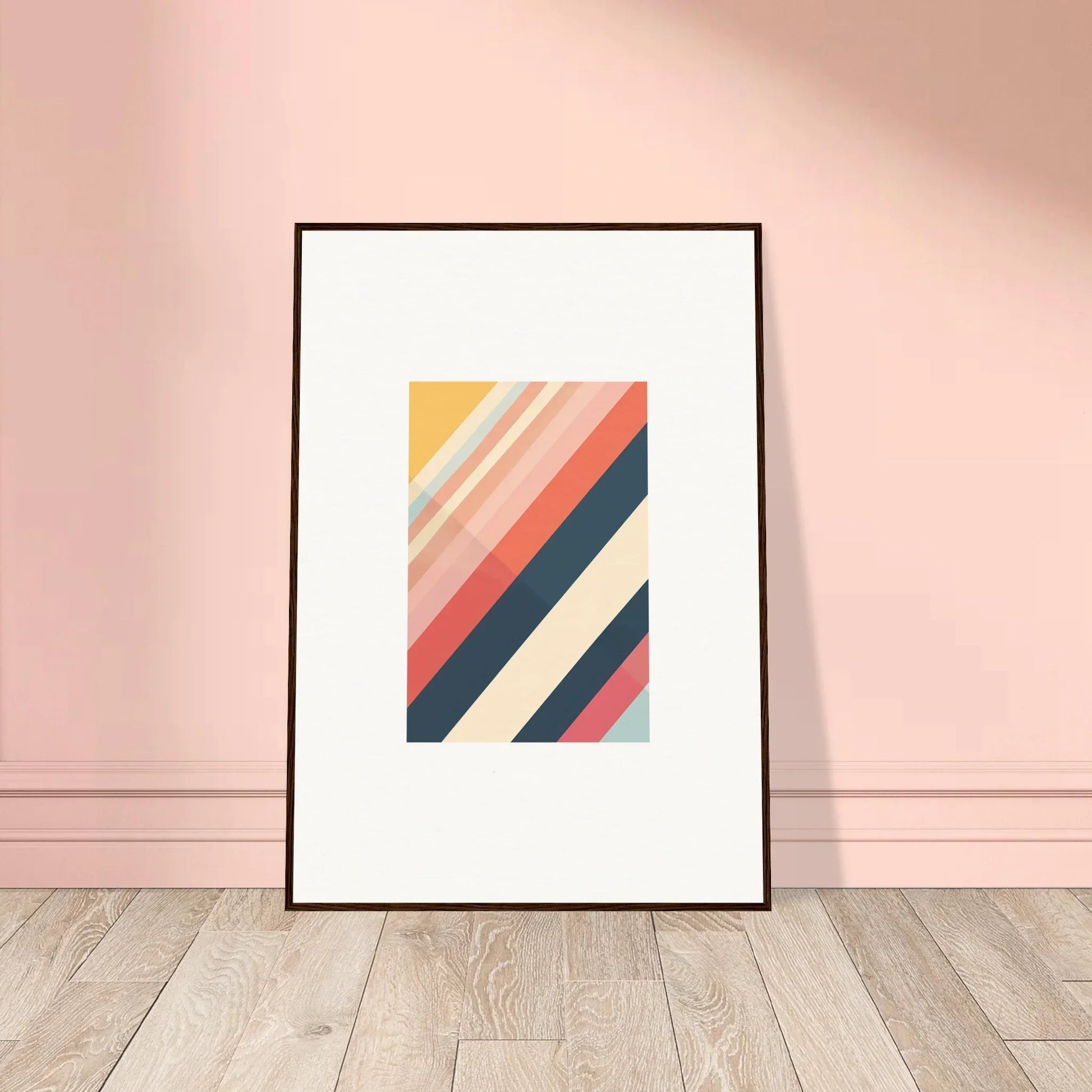 Framed wall art featuring diagonal stripes in warm and cool colors for room decor essence shift