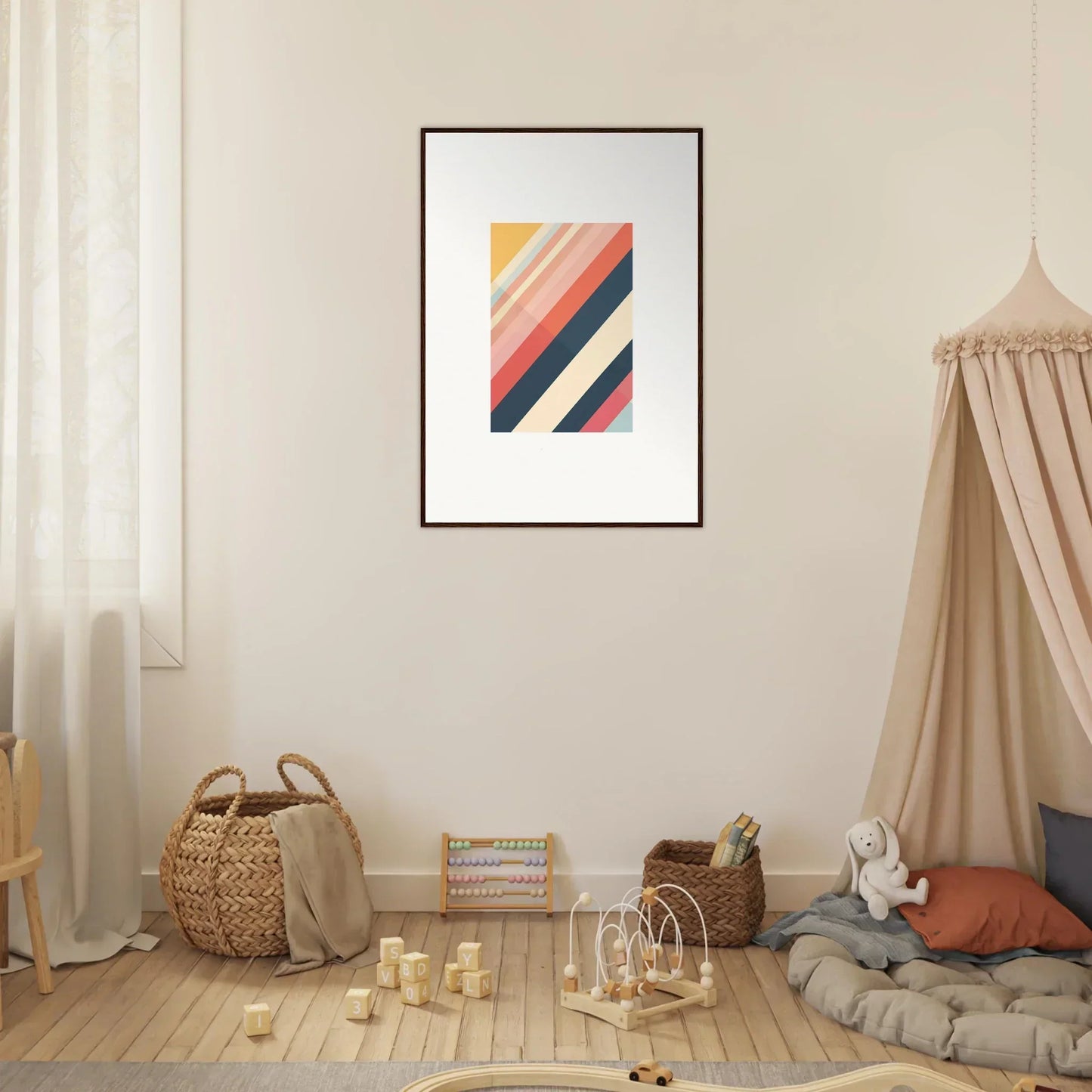 Framed wall art featuring diagonal stripes in warm colors for vibrant room decor