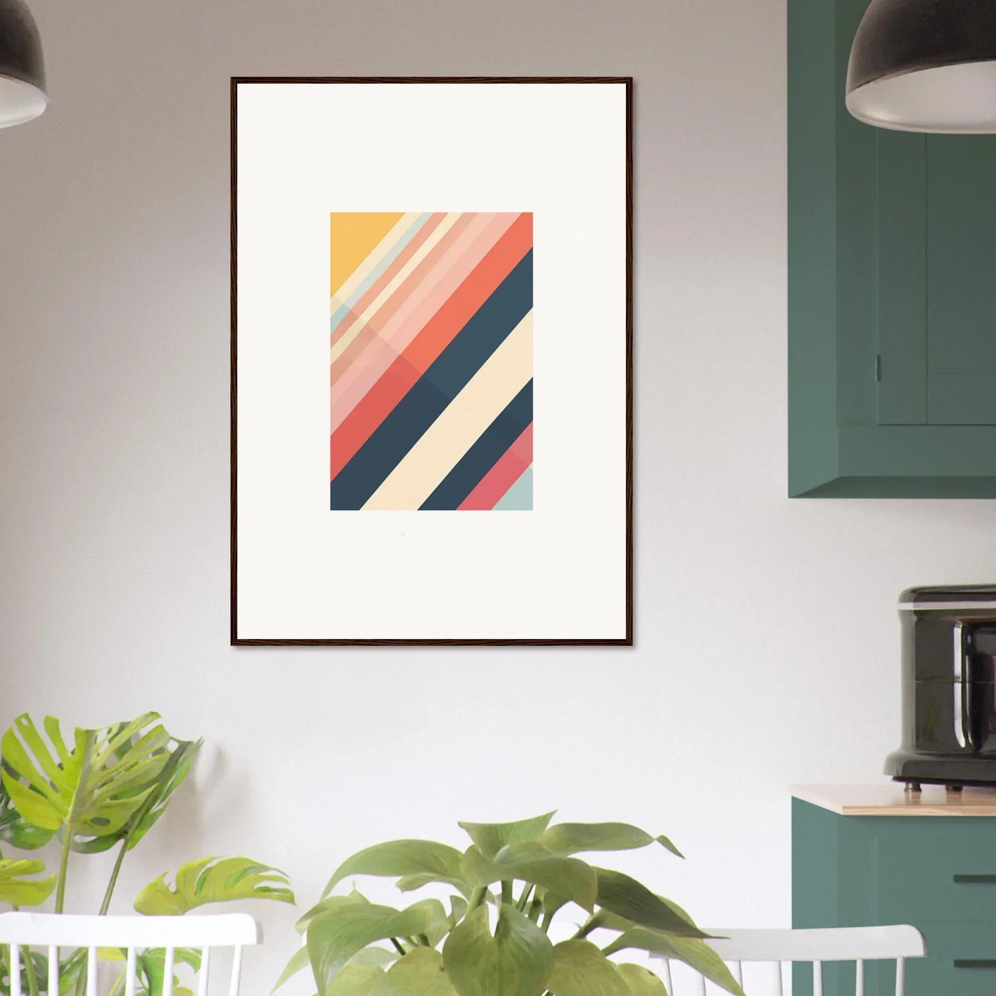 Framed wall art of Chromatic Essence Shift with diagonal stripes in vibrant colors