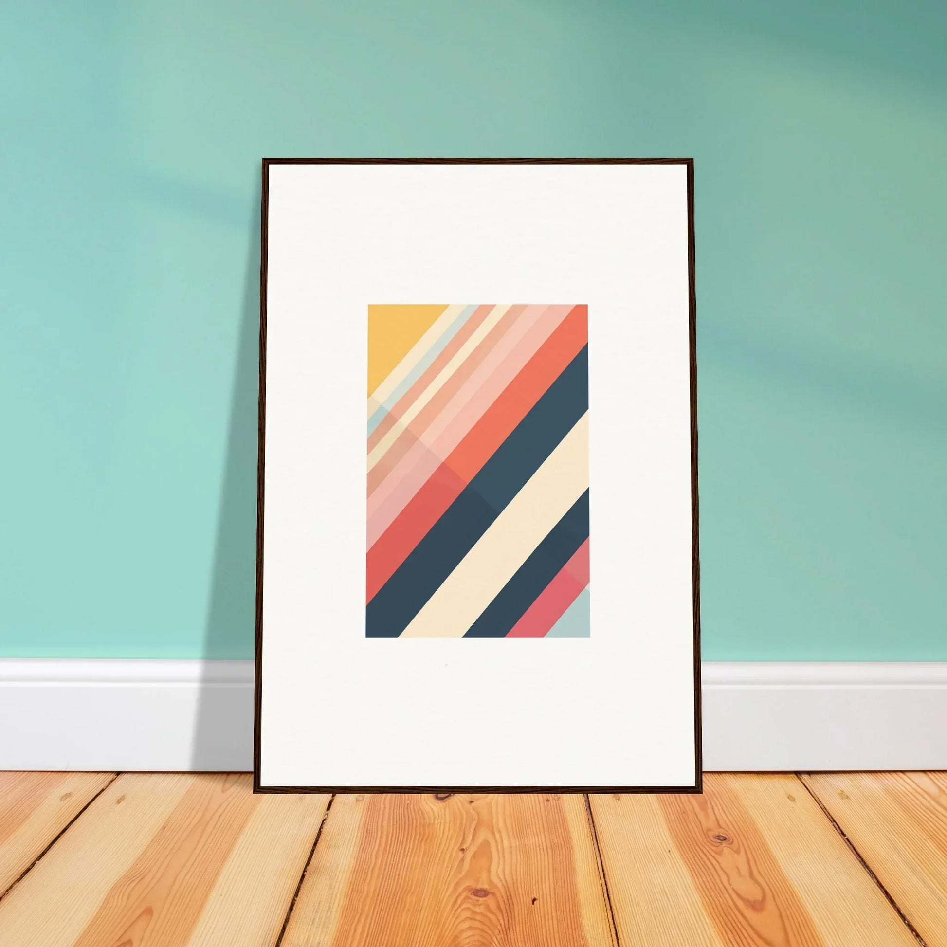 Framed wall art featuring colorful diagonal stripes, ideal for stylish room decor