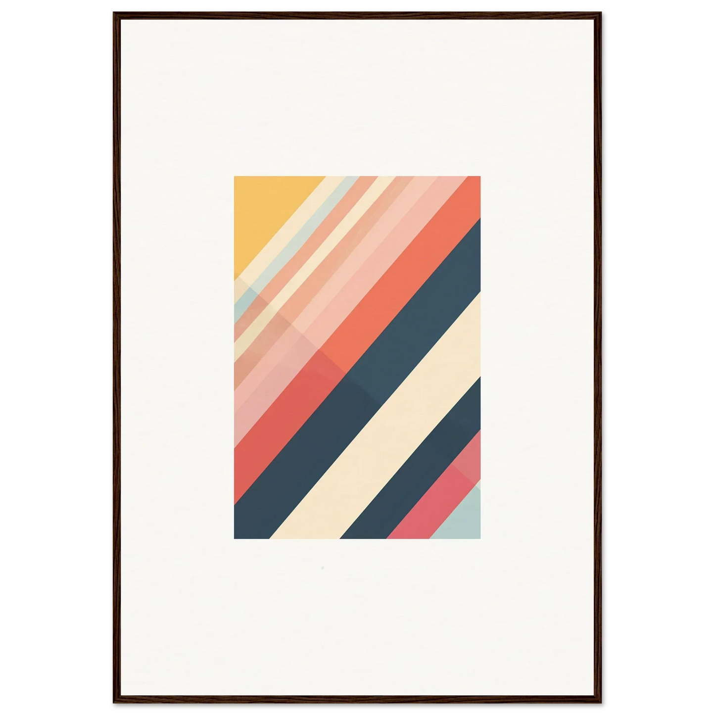 Framed abstract artwork with diagonal stripes in muted colors for modern room decor