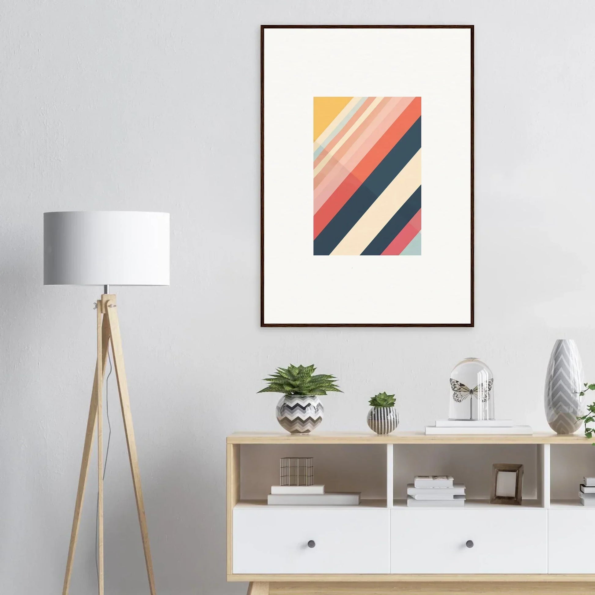 Abstract geometric artwork with diagonal stripes in warm and cool colors for essence shift room decor