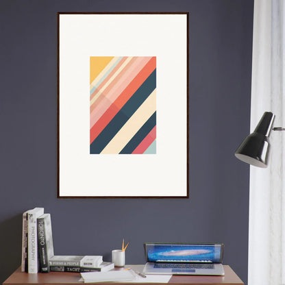 Framed wall art of abstract diagonal stripes in warm and cool colors for room decor