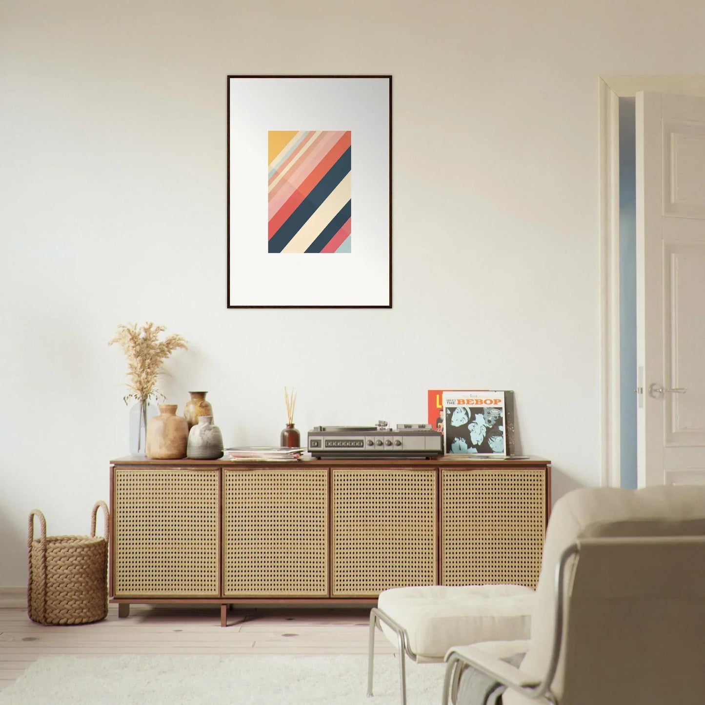 Wooden sideboard with cane-webbed doors, enhancing room decor and showcasing essence shift