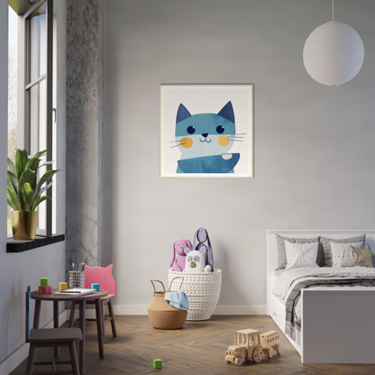 Whimsical blue cat illustration with orange nose in Chromatic Feline Gleam design