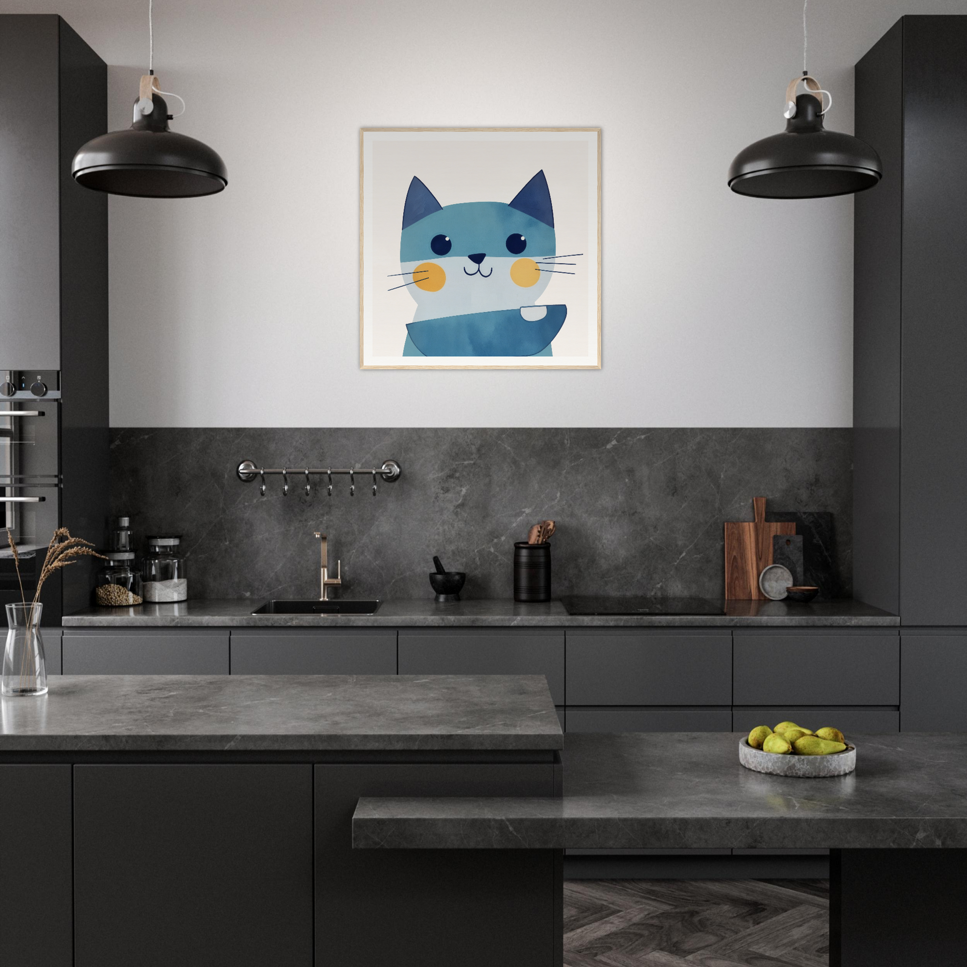 Modern dark gray kitchen featuring whimsical blue cat artwork and Chromatic Feline Gleam