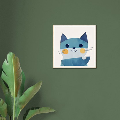 Framed illustration of a blue cat with whiskers for Chromatic Feline Gleam product