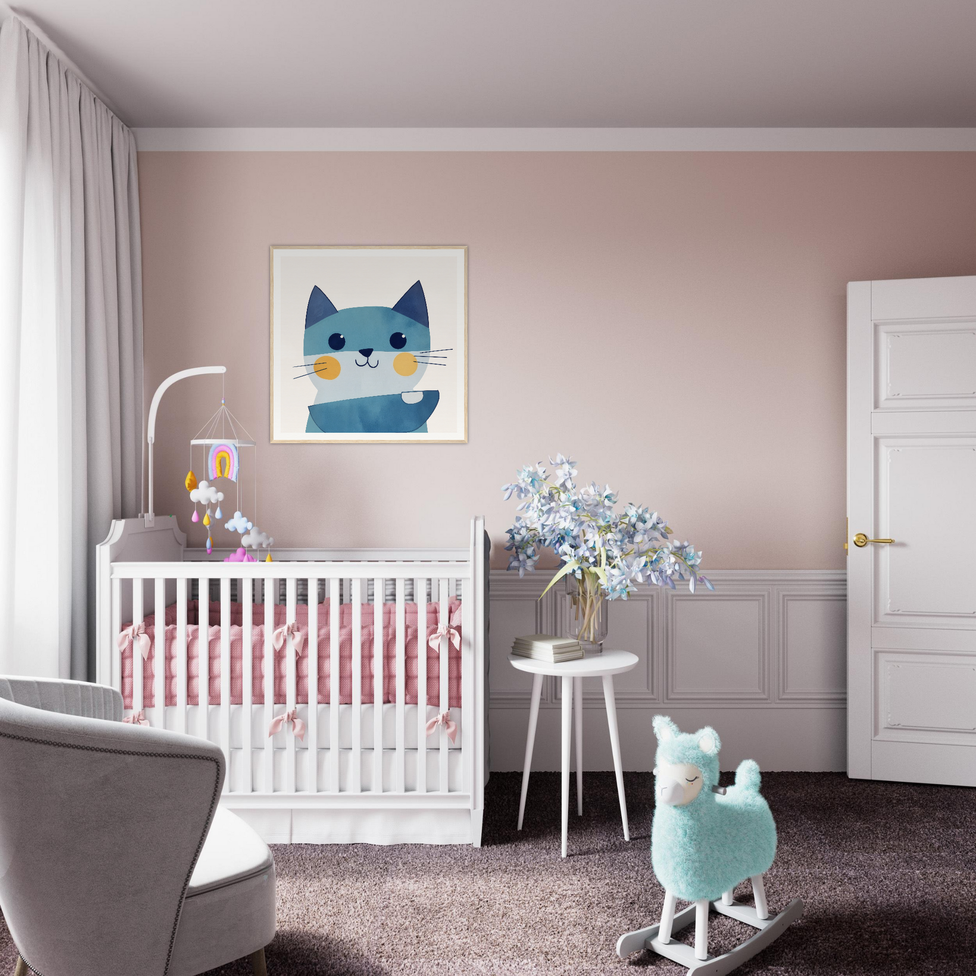 White wooden crib with pink bedding in the Chromatic Feline Gleam collection