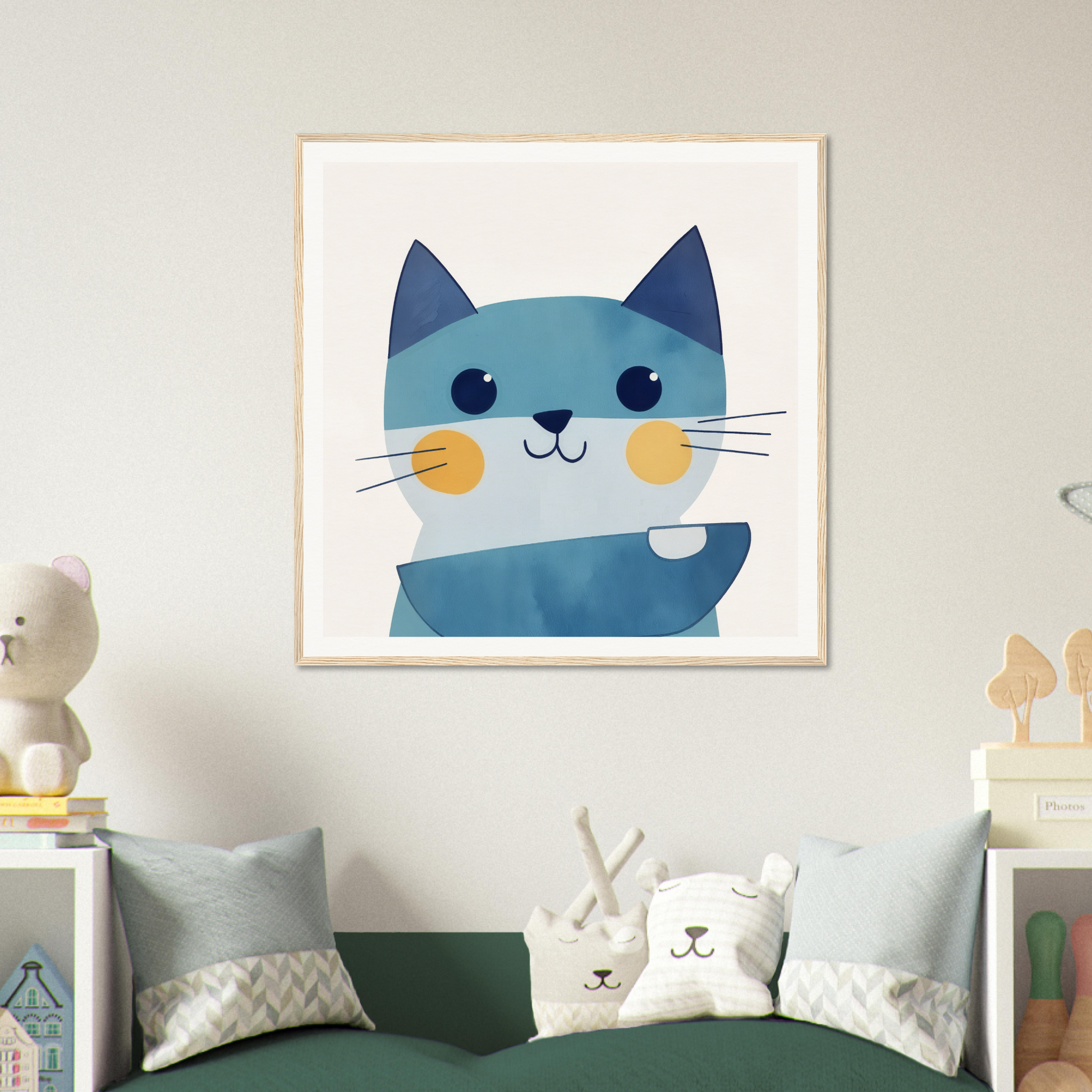 Cute blue cartoon cat with rosy cheeks in a minimalist style for Chromatic Feline Gleam