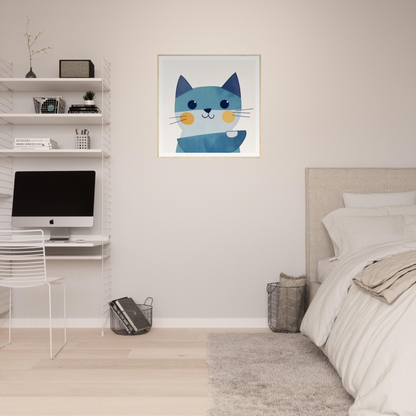 Cute blue cat illustration with whiskers in Chromatic Feline Gleam wall decor