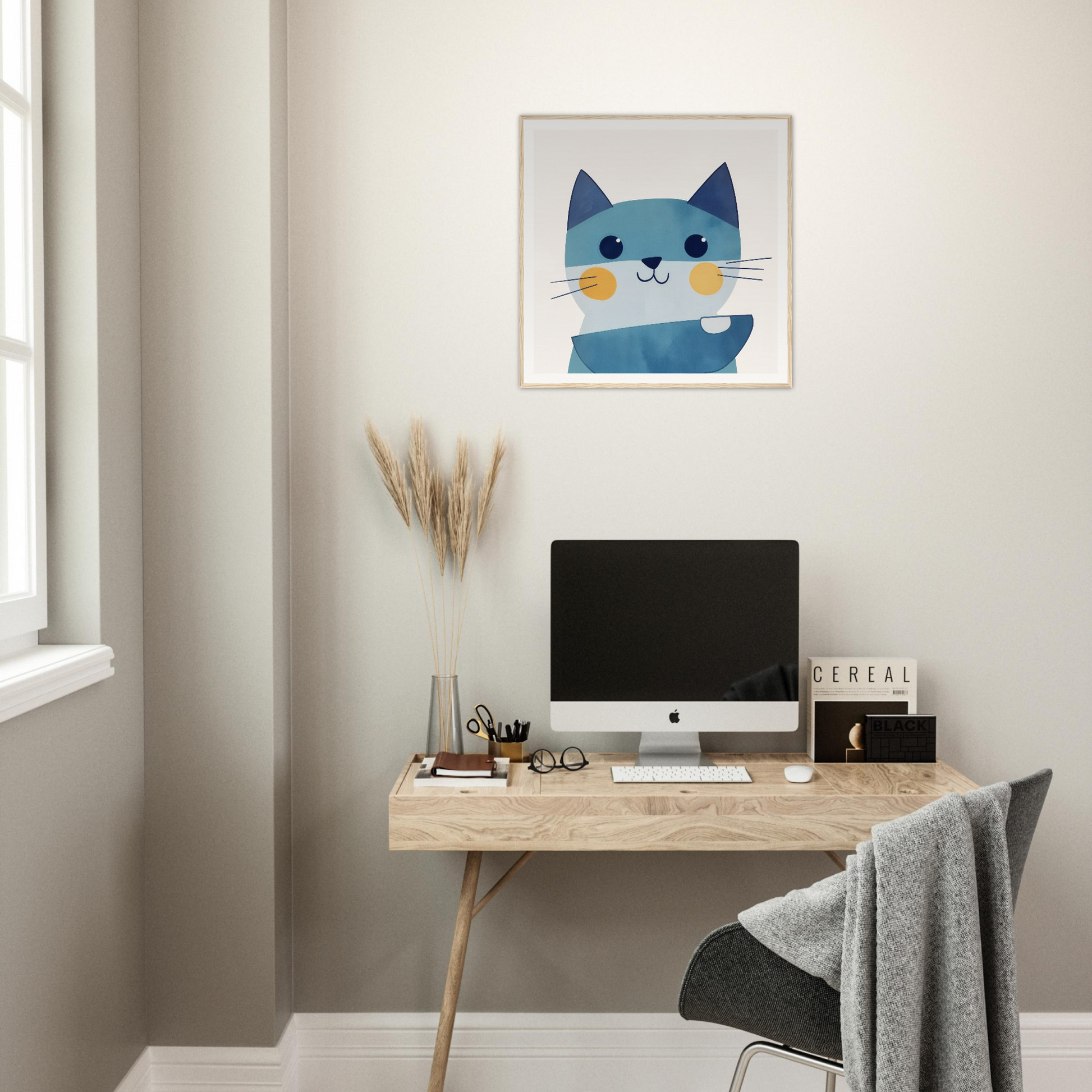 Minimalist blue cat illustration featuring a smiling expression for Chromatic Feline Gleam