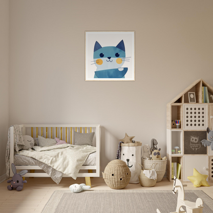 Cute blue cat illustration on white canvas for Chromatic Feline Gleam product