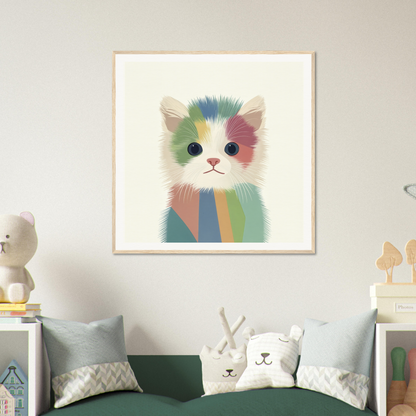 Framed special edition art of a chromatic kitten with pastel stripes and a sweet expression