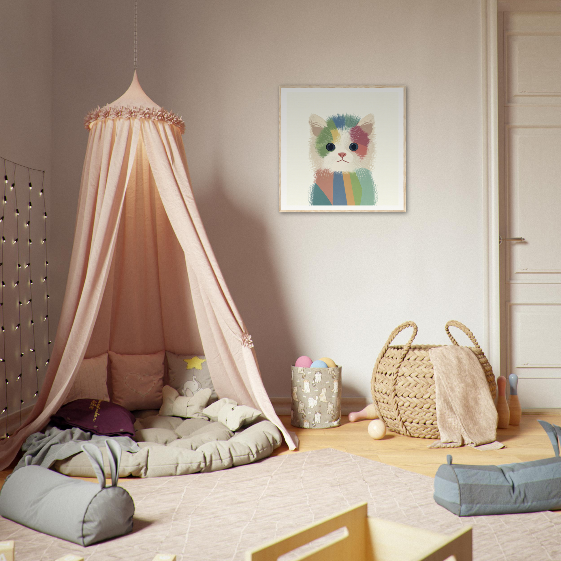 Pink canopy tent with cushions beneath, featured in the Chromatic Kitten Trance