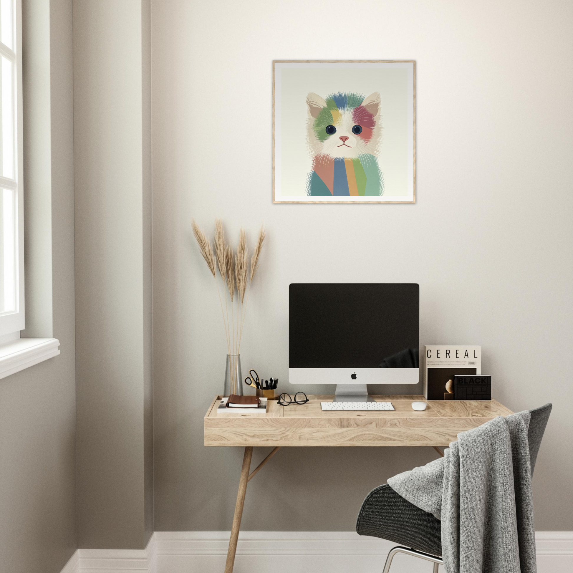 Minimalist wooden desk with iMac and Chromatic Kitten Trance special edition art™ above