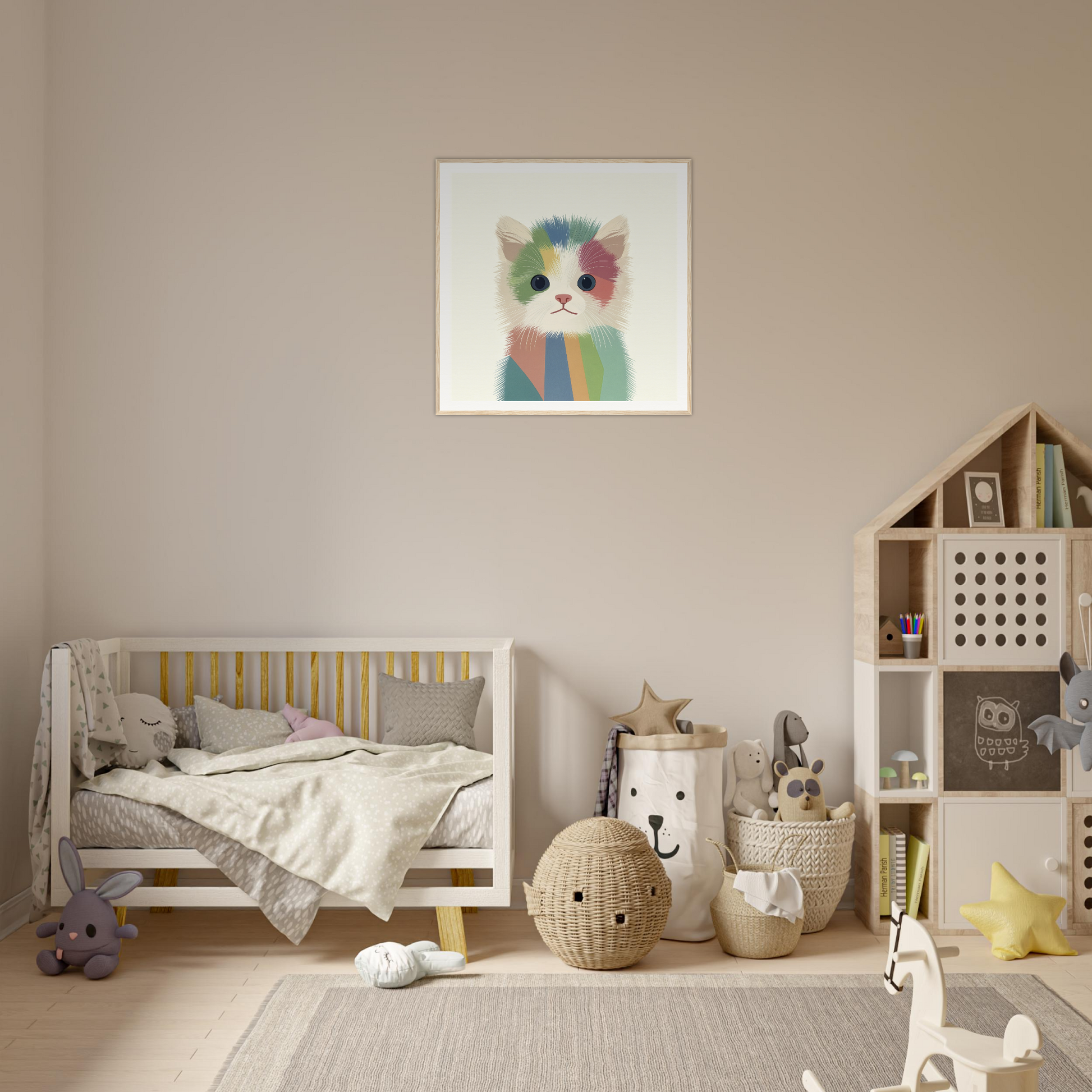 Cozy nursery featuring neutral colors and whimsical decor from Chromatic Kitten Trance