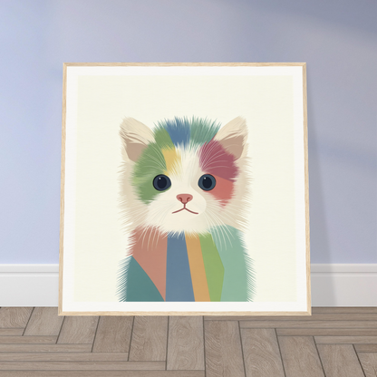 Colorful artistic portrait of a chromatic kitten in geometric pastel patterns