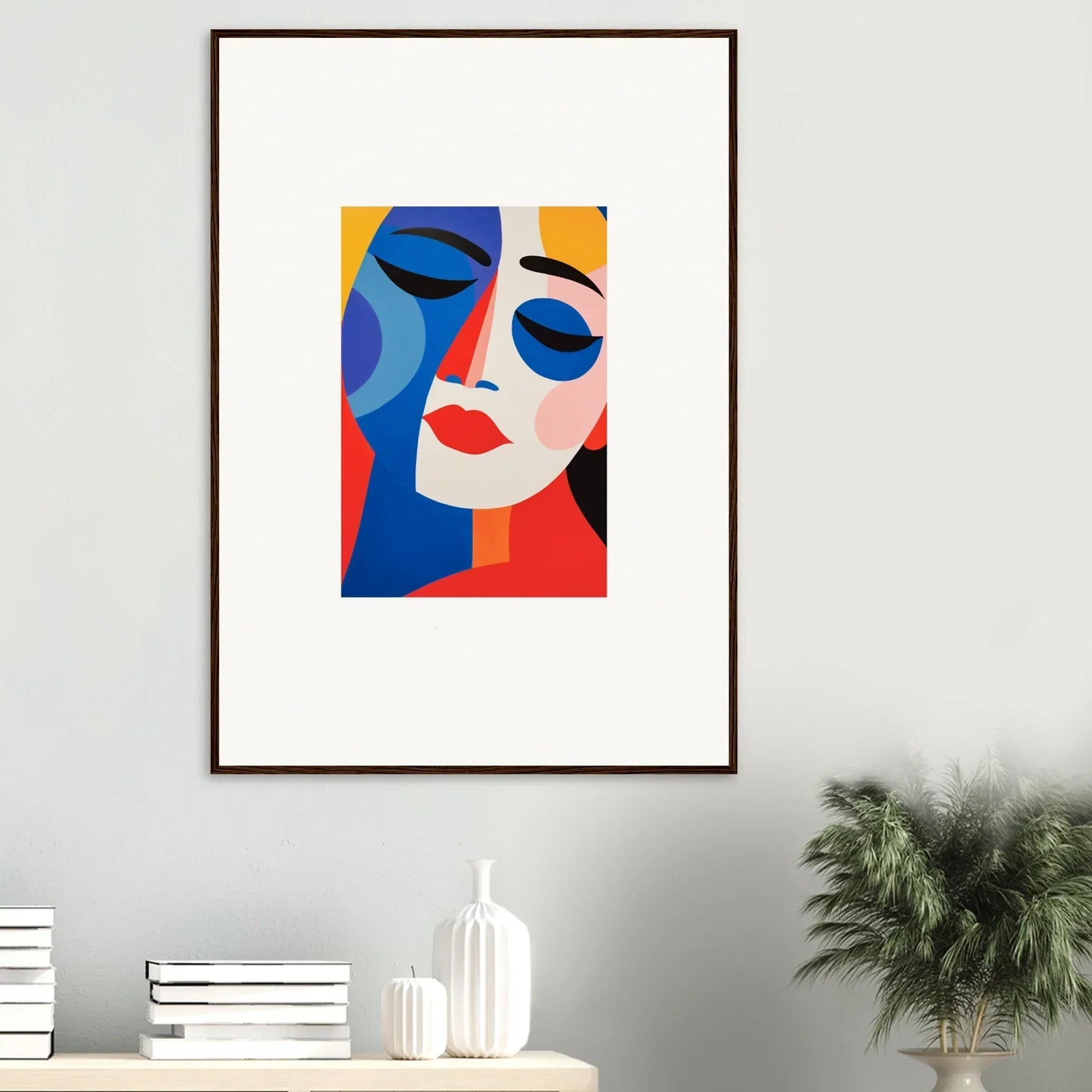 Abstract portrait painting with bold shapes and vibrant colors reverie for room decor