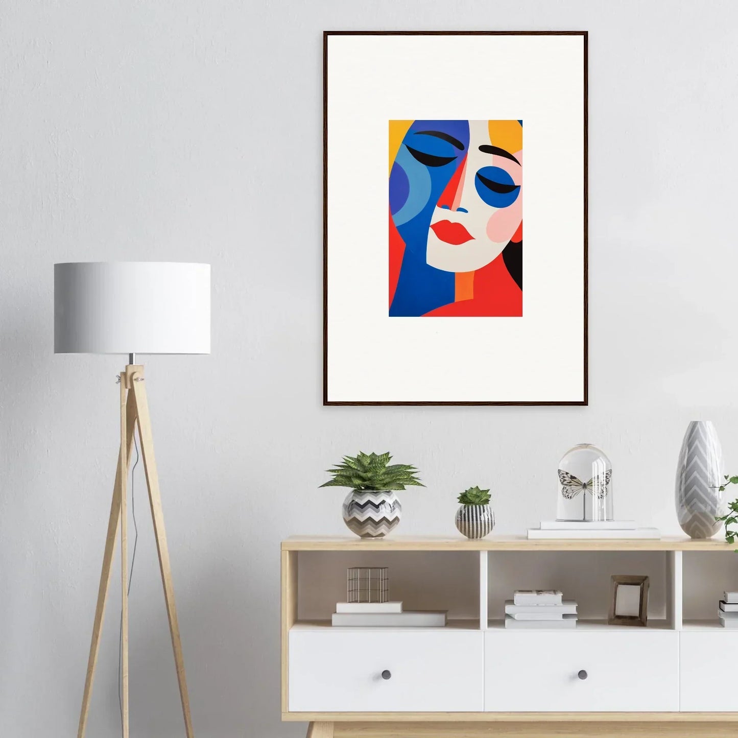 Abstract portrait painting in bold colors and geometric shapes for vibrant room decor